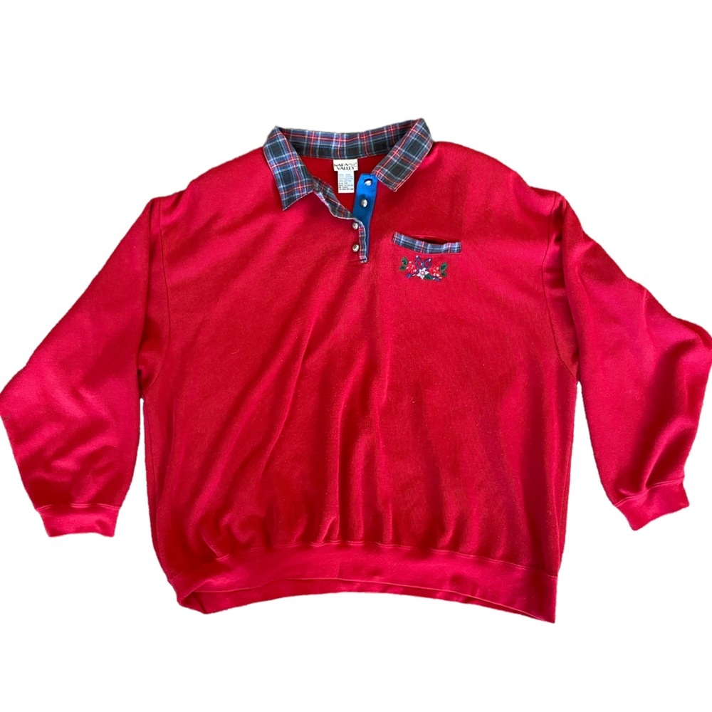 Napa Valley Christmas sweater collar half buttonpocket poinsettia ribbon detail